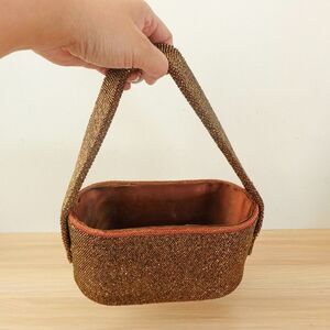 1940s Vintage Beaded Box‎ Bag Copper Brown Oval Top Handle Evening Party DEFECT